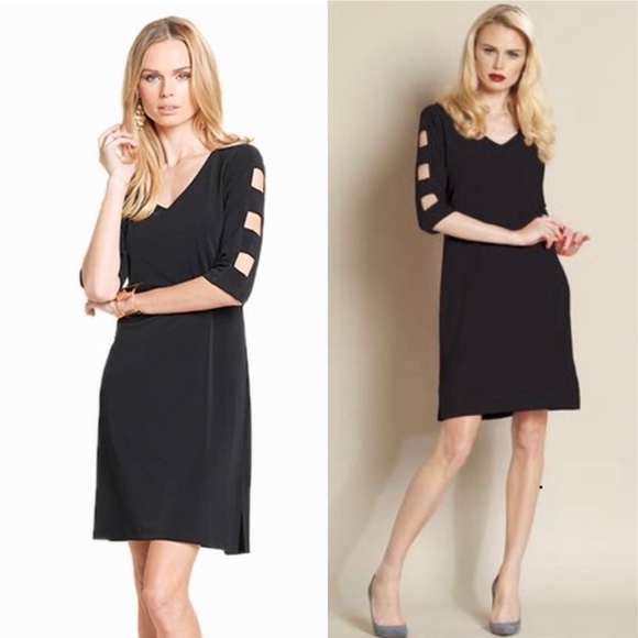 Clara Sun Woo Black V-Neck Stretch Knit Ladder Sleeve Dress Women’s Size Medium
